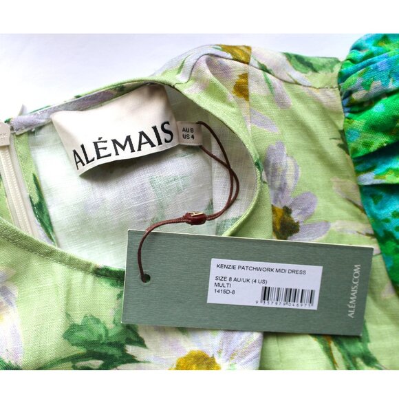 ALÉMAIS Kenzie Patchwork Printed Linen Midi Dress / Size 4 / Multi Floral - Picture 5 of 6